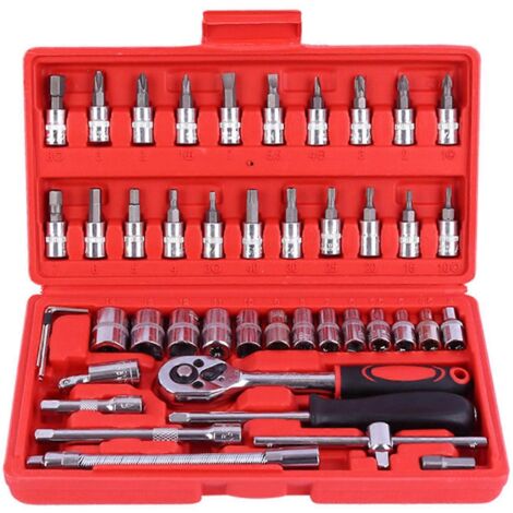 Kit d'outils de réparation automobile 46 pièces comprenant une clé à cliquet à douille 1/4 pouce et une clé dynamométrique.