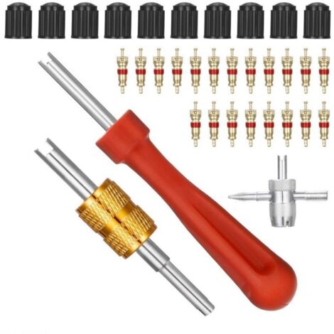 Kit d'outils de réparation de dissolvant de noyau de valve + 1 outil de valve quadruple + 10 bouchons de valve de pneu de voiture + 20 noyaux de valve pour le remplacement de moto de vélo