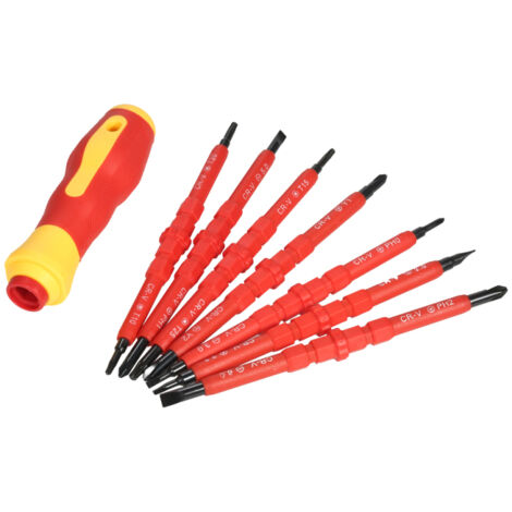 Kit d'outils de réparation pour électricien : tournevis isolés interchangeables 7 en 1 (500 V) avec embouts magnétiques Phillips et plats.