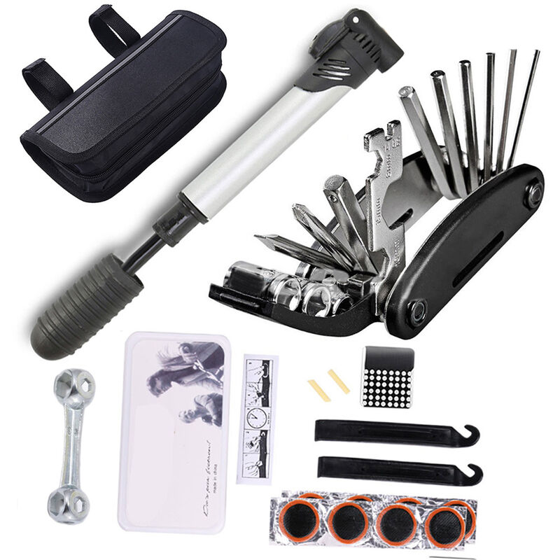 Superseller - Kit d'outils de réparation de pneus de vélo 16 en 1 Kit d'outils de vélo multifonctions avec mini pompe, outil de réparation de