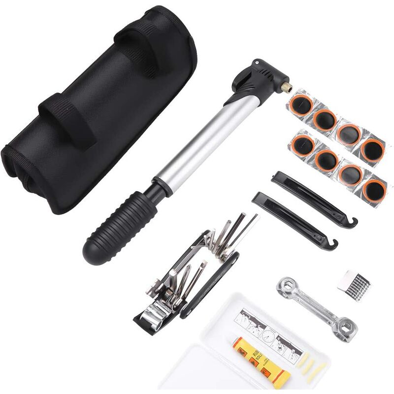 Kit d'outils de réparation pour vélo avec mini pompe à vélo, outil multifonction, démonte-pneus, rustines autocollantes et sacoche de vélo
