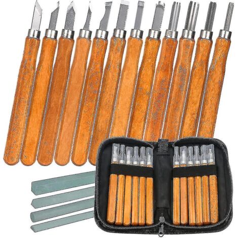 Kit d'outils de sculpture sur bois, kit de 12 pièces avec pierre à aiguiser et sac de rangement, couteau à décaper pour la sculpture sur bois, outil de sculpture DIY pour menuisier, amateur ---