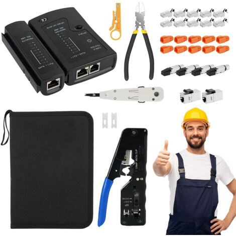 Kit d'outils de sertissage réseau avec 10 fiches RJ45 CAT7 Pass Through, 4 fiches RJ45, 2 coupleurs RJ45, outil de raccordement LSA, pince à dénuder, testeur de réseau pour entretien domestique