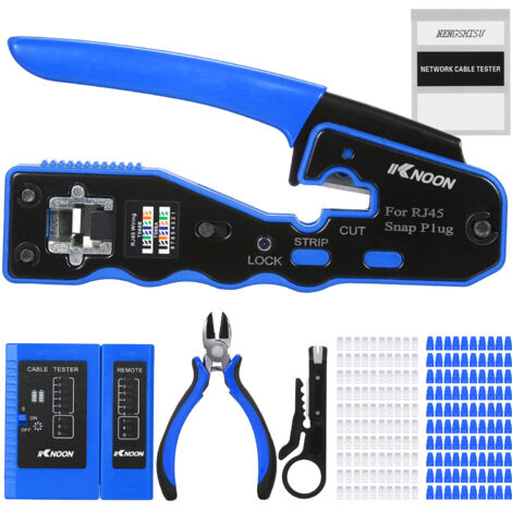 Kit d'outils de sertissage RJ45, compatible avec les connecteurs RJ45 Cat5e, Cat6 et Cat6a, avec 100 connecteurs, 100 capuchons, une pince pour câbles réseau, un testeur et des lames