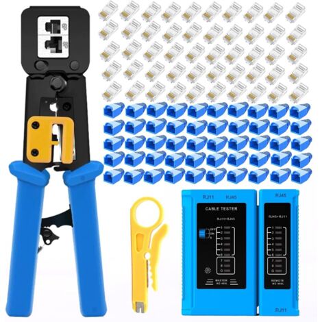 Kit d'outils de sertissage RJ45 Proster - Outil de sertissage traversant RJ45 pour câbles réseau CAT5, CAT5e et CAT6 avec testeur de câbles réseau, 50 connecteurs et couvercles CAT6 plaqués or, 5 lame