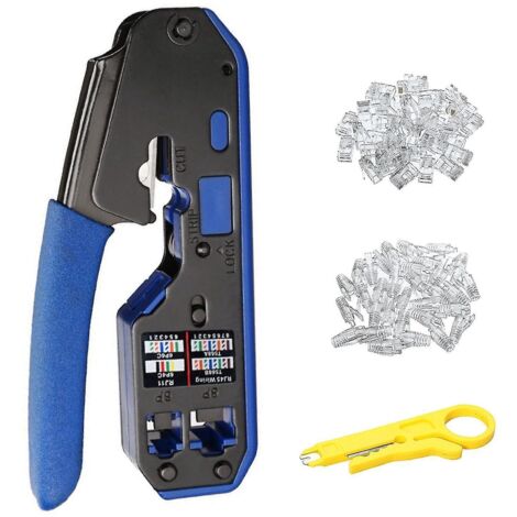 Kit d'outils de sertissage RJ45 tout-en-un avec pince à dénuder et coupe-connecteurs, et 50 connecteurs traversants Cat6.