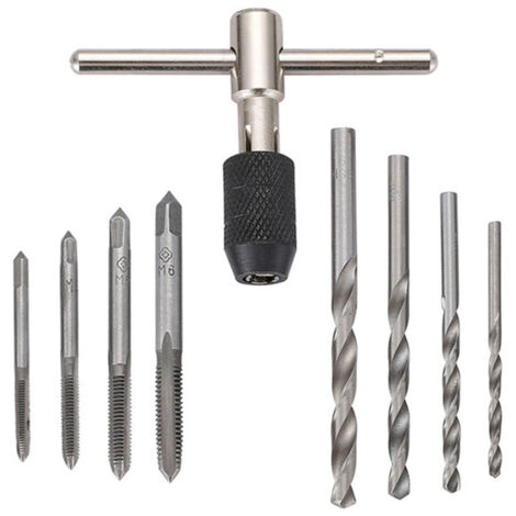 Kit d'outils de taraudage pour Filetage 9 pièces/Ensemble de robinets à vis et de clé de Robinet à poignée en T et forets hélicoïdaux de 2,5 à 5,2 mm M3/M4/M5/M6