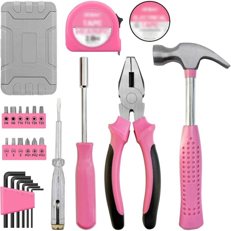 Kit d'Outils DIY 24pc Rose pour Femmes. Petite Boîte à Outils Idéale pour Débutantes, pour la Maison & le Bureau