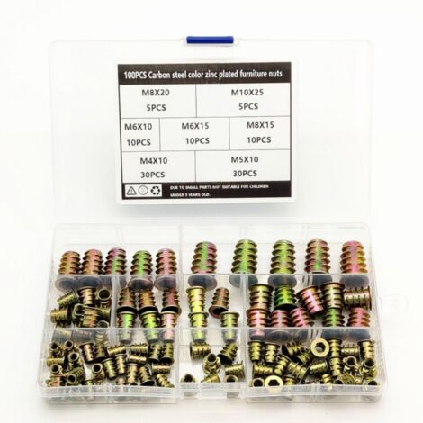 Kit d'outils multifonctionnels comprenant 100 écrous intérieurs et extérieurs, douilles à vis en alliage, inserts filetés et douilles pour meubles en bois.