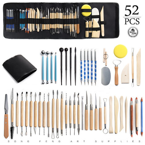 Kit d'outils poterie, argile polymère céramique, kit sculpture, modelage, poterie, d'argile sculpture avec sac rangement, tablier pour peinture sur roche, pâte à modeler, gaufrage, nail art DIY