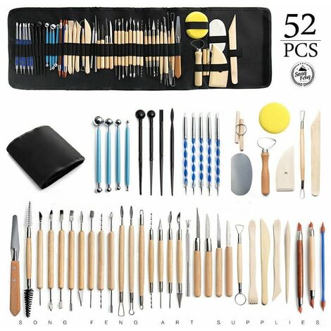 Kit d'outils poterie,argile polymère céramique, kit sculpture,modelage,poterie,d'argile sculpture avec sac rangement, tablier pour peinture sur roche, pâte à modeler, gaufrage, nail art DIY