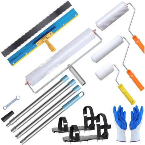 Kit d\'outils pour ciment autonivelant - Kit d\'outils pour sol en époxy comprenant un râteau autonivelant, 2 rouleaux à pointes et peinture pour sol, des perches télescopiques de 16” à 63” , des chau