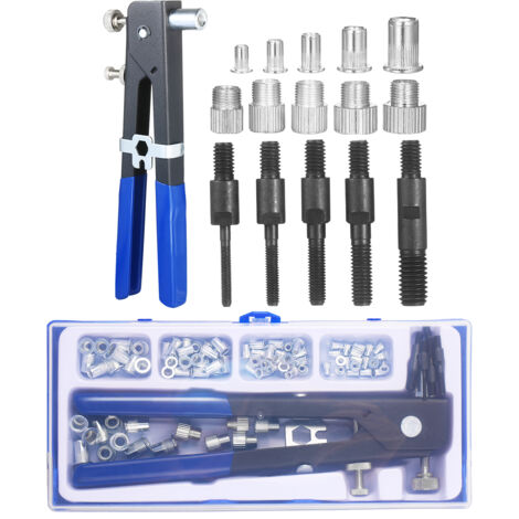 Kit d'outils pour écrous à riveter (86 pièces) : clé à riveter manuelle, outil d'insertion filetée, assortiment d'écrous à riveter métriques M3, M4, M5, M6 et M8.