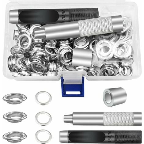 AUNRTB Kit d'outils pour éillets 12 mm, jeu d'éillets en métal 100 jeux d'éillets Kit d'éillets argent (1/2 pouce), kit de réparation de rideaux en bache