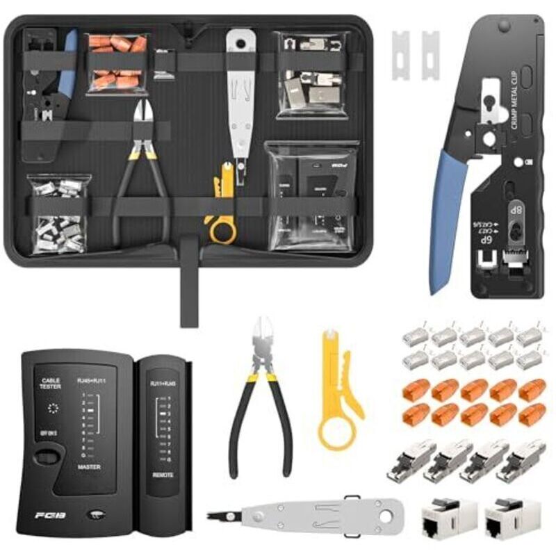 Kit d'outils réseau, pince à sertir RJ45 traversante pour câbles Cat7, Cat6, Cat5 avec 4 connecteurs réseau Cat7 sans outil, 10 connecteurs RJ45,