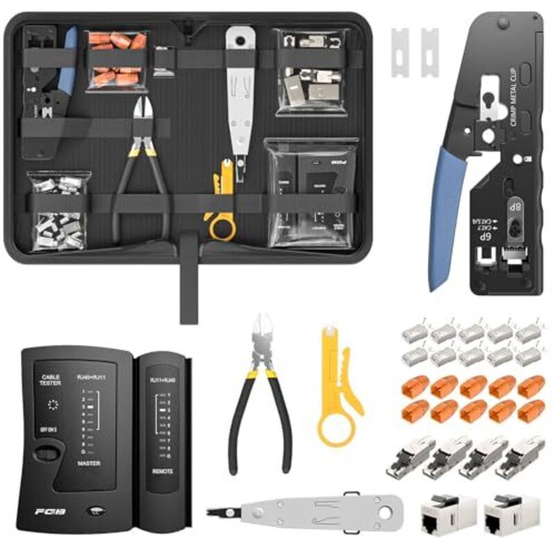 Kit d'outils réseau, pince à sertir RJ45 traversante pour câbles Cat7, Cat6, Cat5 avec 4 connecteurs réseau Cat7 sans outil, 10 connecteurs RJ45,