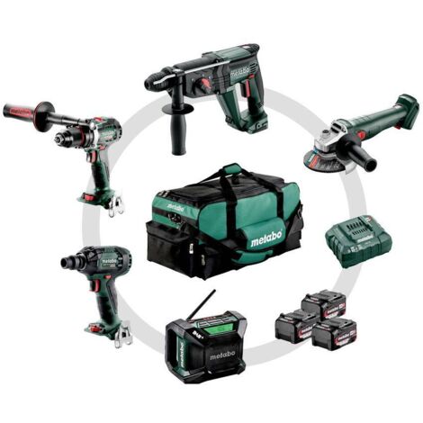 Kit d'outils sans fil Combo pour l'artisanat du bâtiment Metabo 5.2BS 18 LTX BL + KH 18 LTX 24 + W 18 L 9-125 Quick + SSW 18 LTX 300 BL + R 12-18 DAB BT  Sacoche à outils