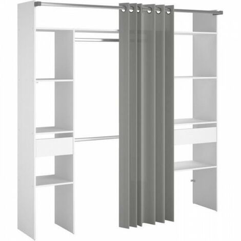 Kit dressing ARTIC avec rideau – Décor blanc – 2 colonnes, 2 penderies, 2 tiroirs – Dimensions L 198 x P 40 x H 203 cm – Ekipa