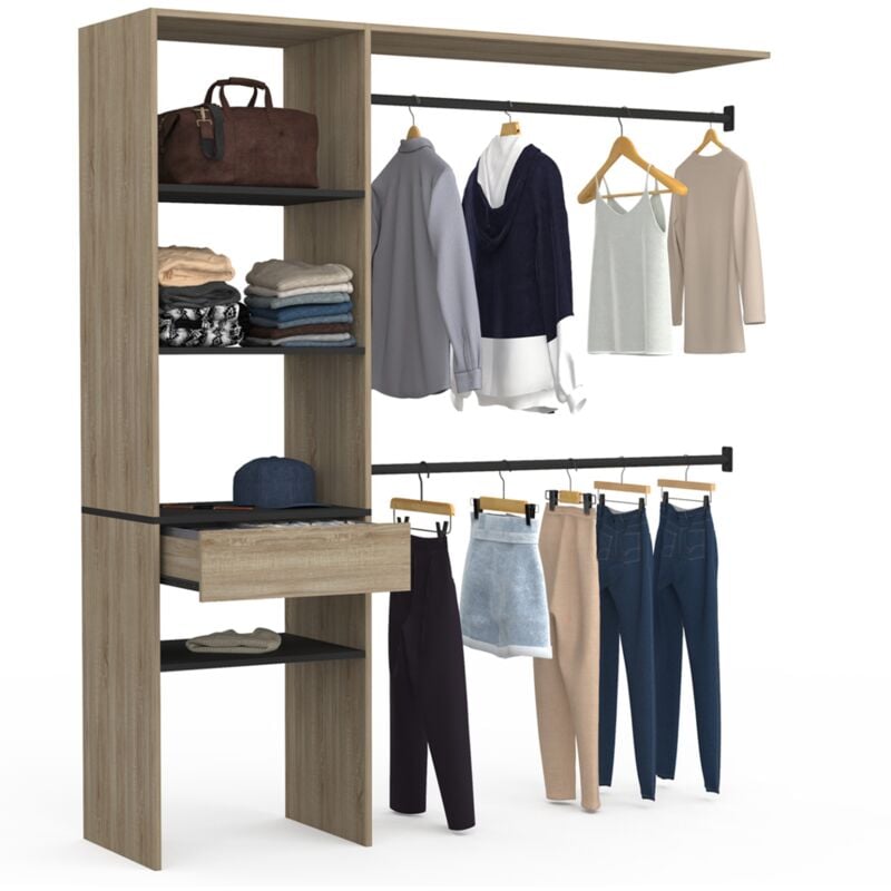 Idmarket - Kit dressing meline 160 x 40 x 180 cm hêtre avec étagères noires + tiroir + double penderie