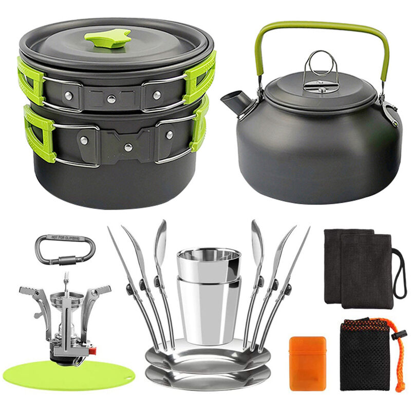 Kit D'Ustensiles De Cuisine Et D'Articles Divers De Camping En Plein Air, Adapte Au Pique-Nique De Sac A Dos De Randonnee En Camping, Vert