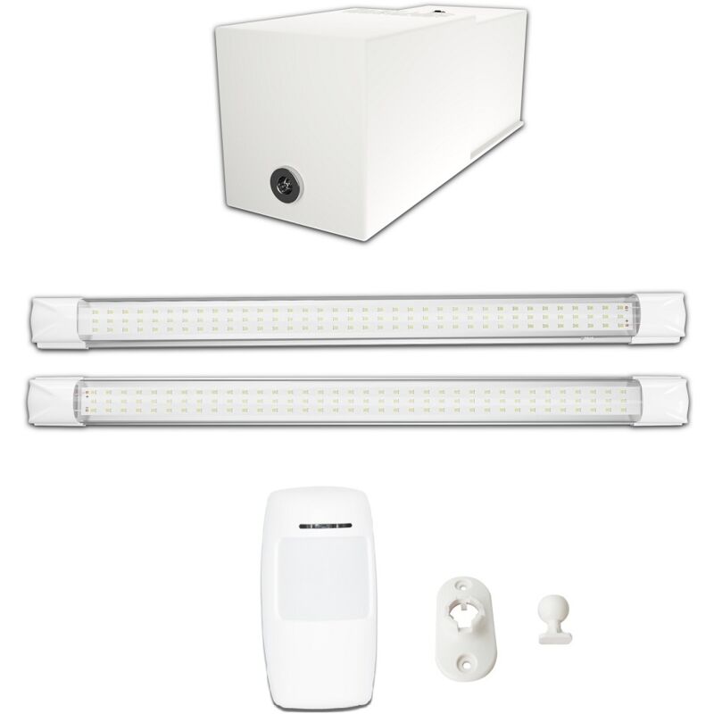 Kit éclairage sans fil garage box cave sous sol - 2 réglettes led - 1 Batterie - 1 Détecteur radio sans fil - Gamme premium 2200 lumens