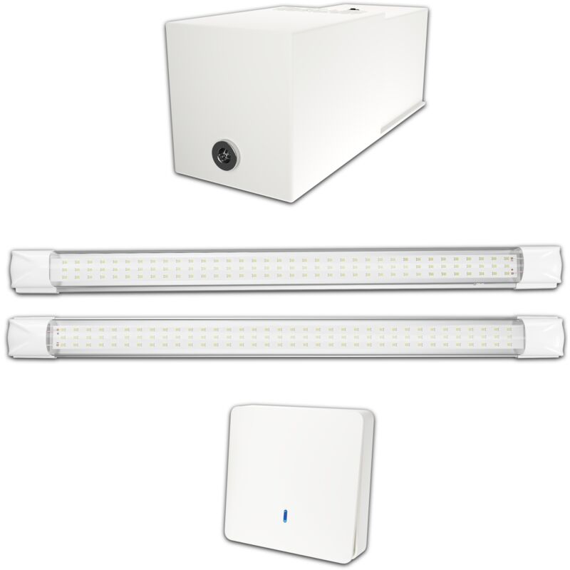 Kit éclairage sans fil garage box cave sous sol - 2 réglettes led - 1 Batterie - 1 interrupteur radio - Gamme confort - 2200 lumens