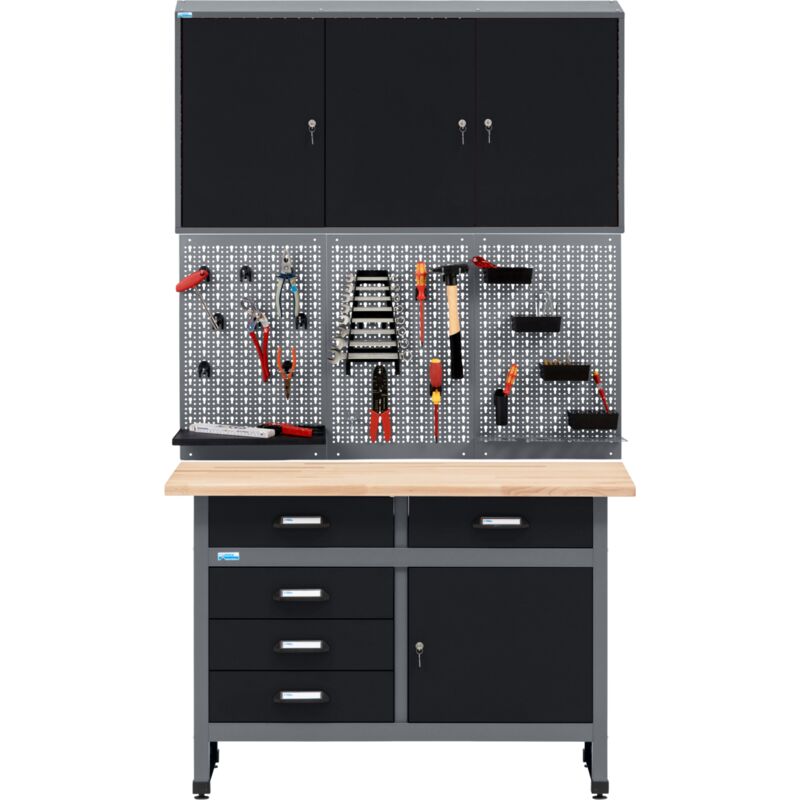 Kit économique Küpper Werkstatt 70424-9, largeur 120 cm, établi, armoire suspendue, panneau perforé avec 12 crochets standard Kit économique Küpper Werkstatt 70424-9, largeur 120 cm, établi, armoire suspendue, panneau perforé avec 12 crochets standard