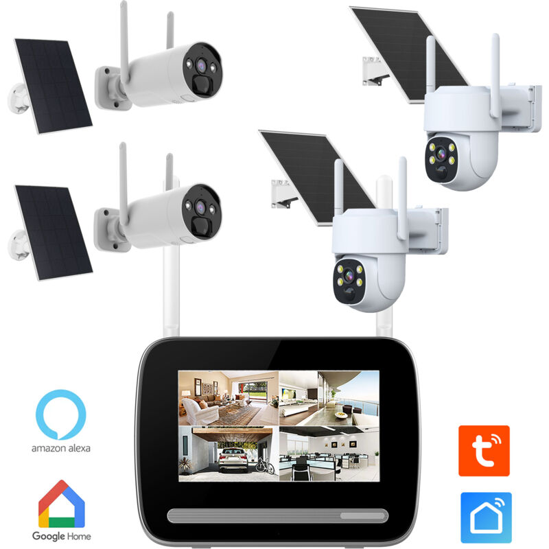 KIT écran 7" enregistreur 4MP ULTRA HD + 4 Caméras rechargeables (dont 2 PT) + 4 Panneaux solaire