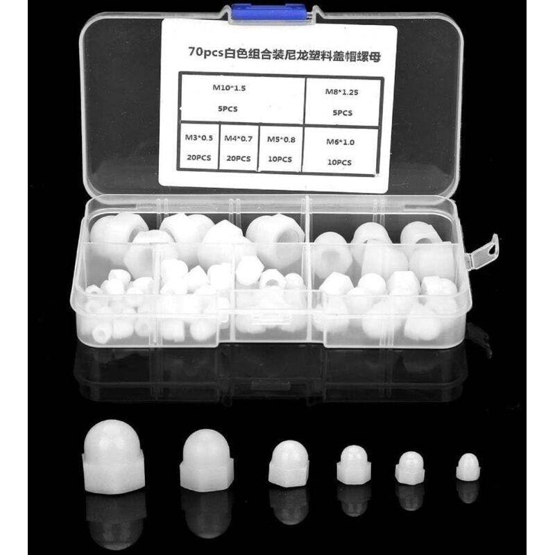 Kit Écrous Borgne Dôme M3/M4/M5/M6/M8/M10, 70 Pièces en Nylon - Hexagonal, Blanc, Haute Résistance