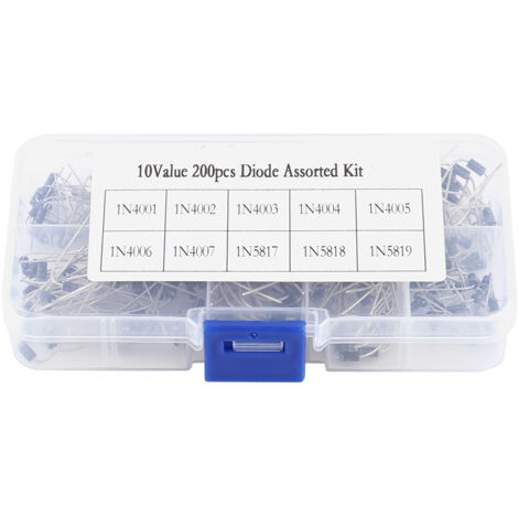 Kit elettronico assortito di 200 diodi raddrizzatori (10 valori): da 1N4001 a 1N4007 e da 1N5817 a 1N5819, con scatola.