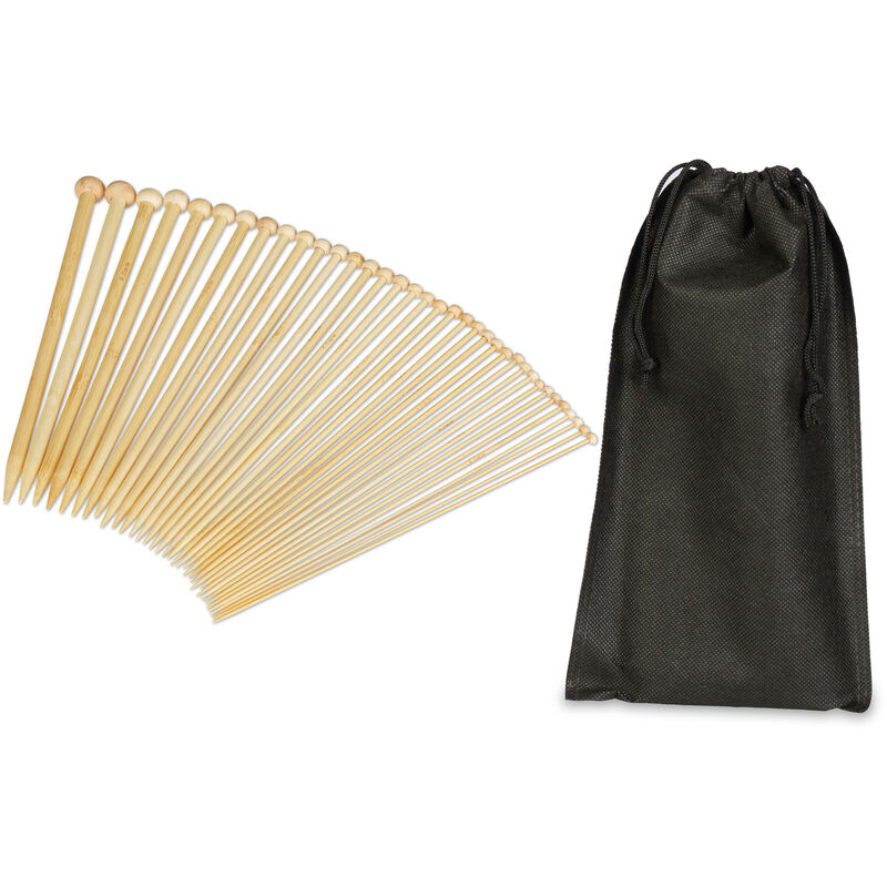 Relaxdays Kit en bambou pour tricotage, 36 aiguilles à boule, 18 tailles de 2 à 10 mm, avec sac, nature