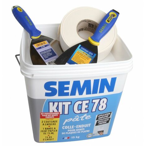 Kit en pâte pour la réalisation des joints de plaques de plâtre CE 78 Semin - composé de 2 couteaux, 1 bande à joint 75 ml et 15 kg d'enduit pour l'intérieur