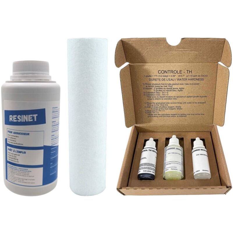 Kit Entretien Adoucisseur D'eau - Test Th Avec Nettoyant Résine Et Cartouche Microfibre 9 pouces 3/4