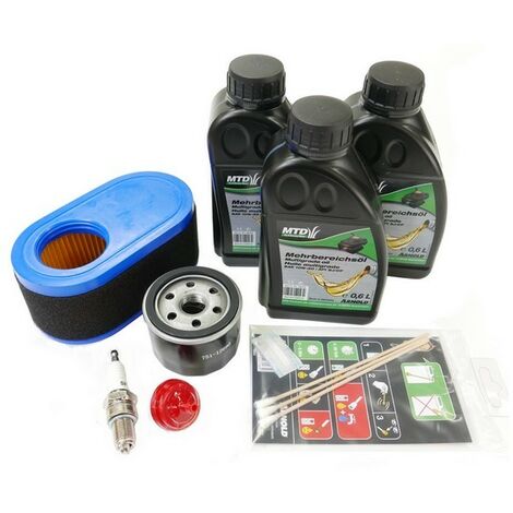 Kit entretien moteur tondeuse autoportée Mini Rider 76 – 3 bidons d'huile 0,6L – Filtres à air, huile et essence – Compatible moteur MTD 420cc