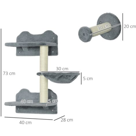 Kit escalier mural chat 4 pièces, mur d’escalade, griffoir sisal et hamac, gris et crème