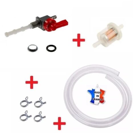 Kit essence universel : robinet M10 x 100 rouge + durite + filtre + collier