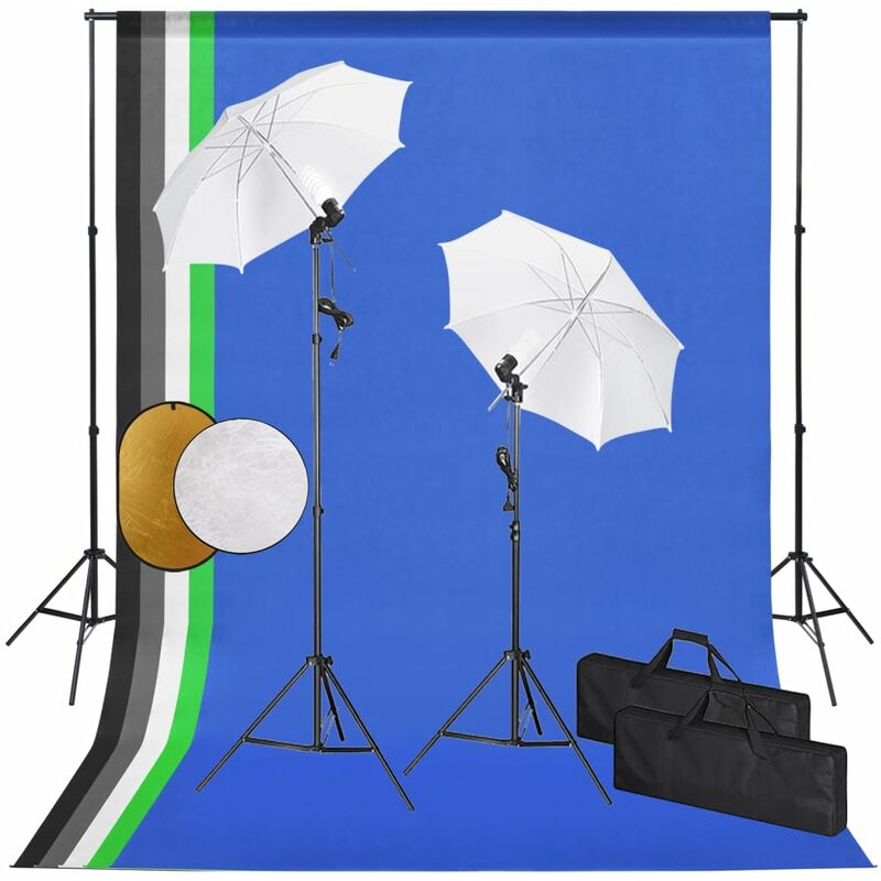 

Kit estudio fotográfico lámparas, sombrillas, fondo y reflector