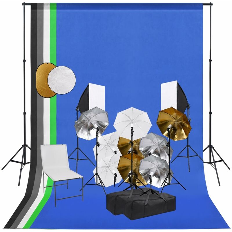 

Kit estudio fotográfico lámparas, sombrillas, fondo y reflector