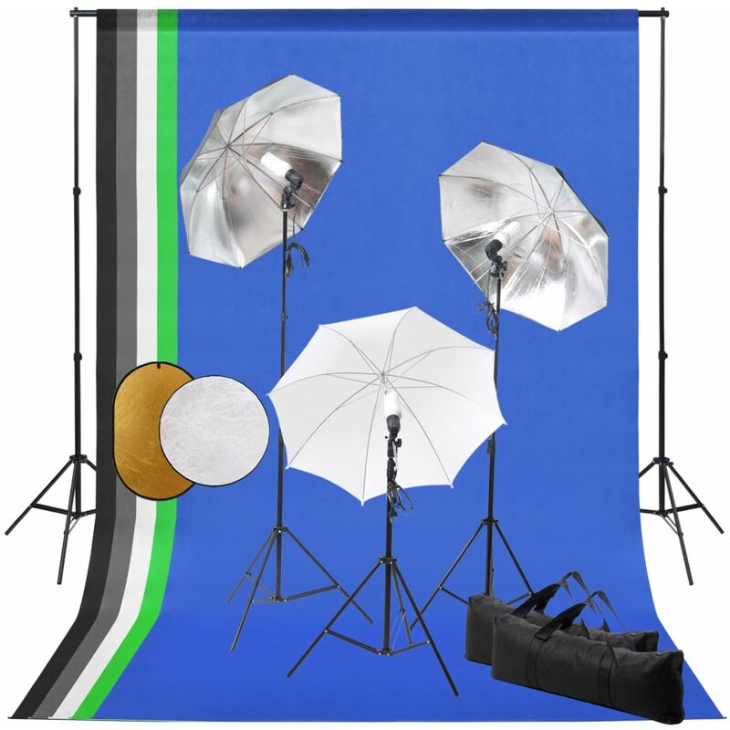 

Kit estudio fotográfico lámparas, sombrillas, fondo y reflector