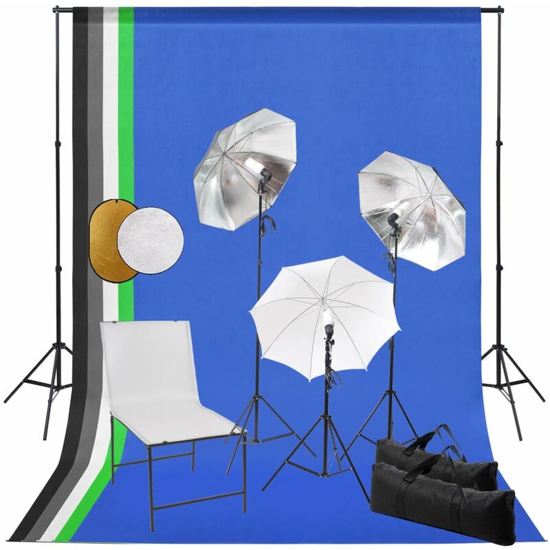 

Kit estudio fotográfico lámparas sombrillas fondo y reflector