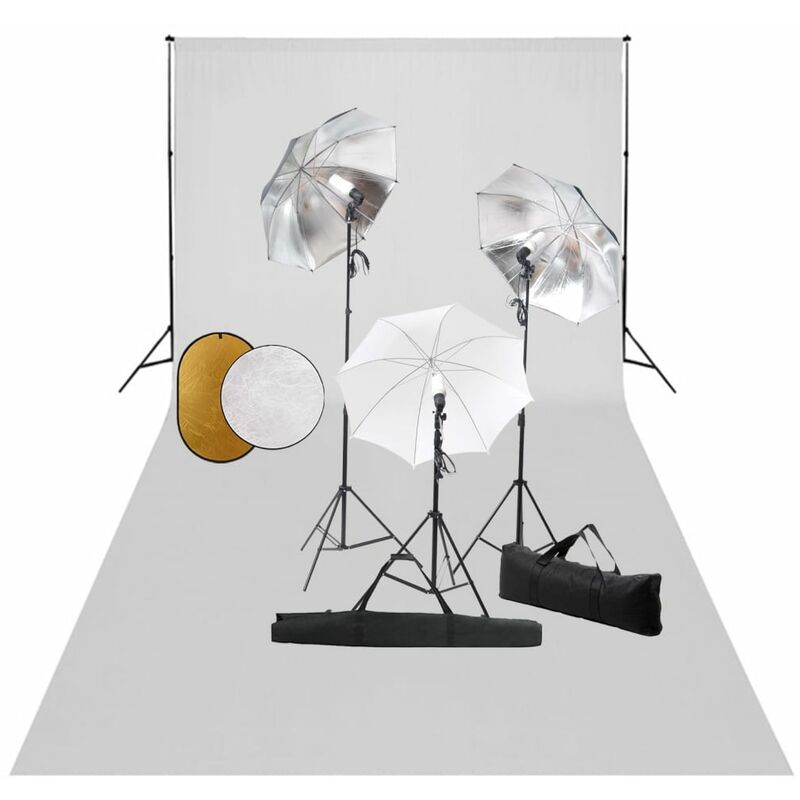 

Kit estudio fotográfico lámparas, sombrillas, fondo y reflector