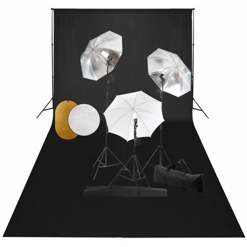 

Kit estudio fotográfico lámparas, sombrillas, fondo y reflector