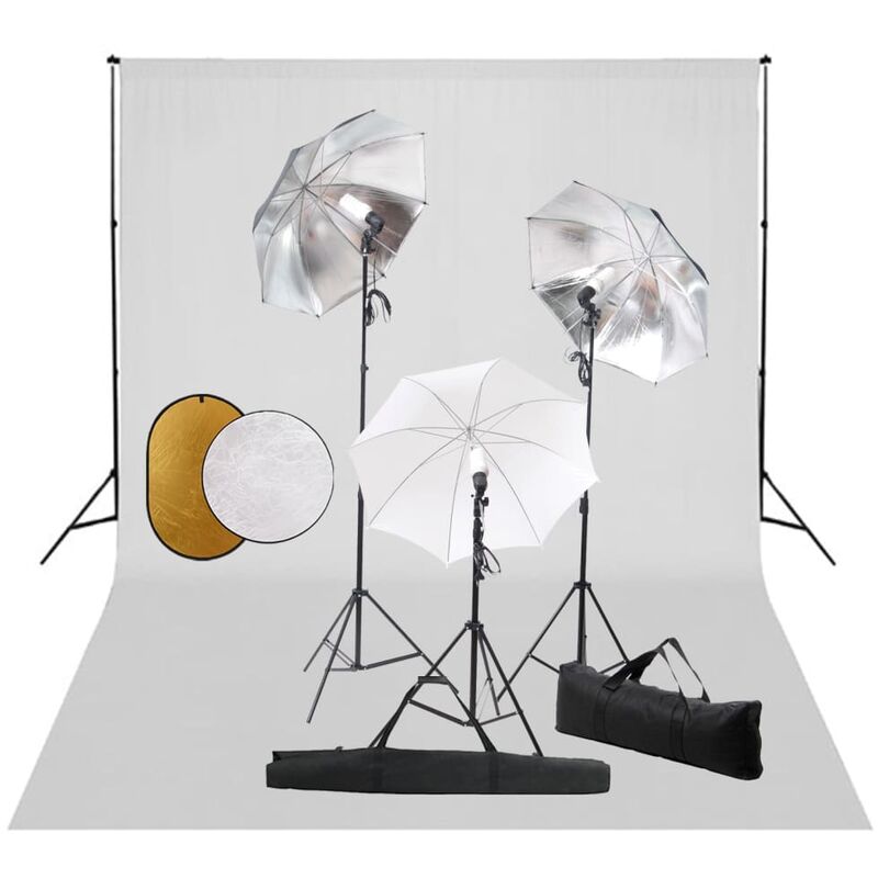 

Kit estudio fotográfico lámparas, sombrillas, fondo y reflector