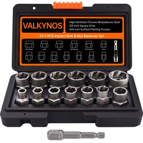 Kit extractor de pernos y tuercas de impacto, 13+1 piezas, con estuche de almacenamiento resistente.