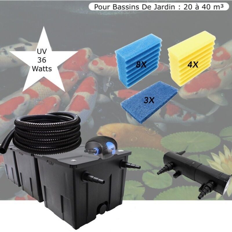 Kit Filtre bassin, Avec UV 36W, + Jeu de mousses Pour Bassin De Jardin : 20 à 40 m³. Tout inclus