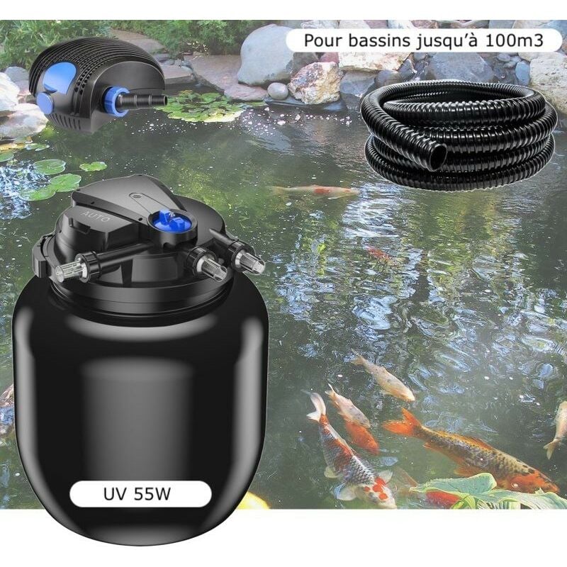 Kit Filtre Pression UV 55W, Pompe, Tuyau, Pour Bassins De 100000 L