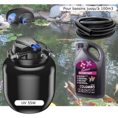 Kit Filtre Pression UV 55W, Pompe, Tuyau, Pour Bassins De 100000 L + Bactéries 2500 ml