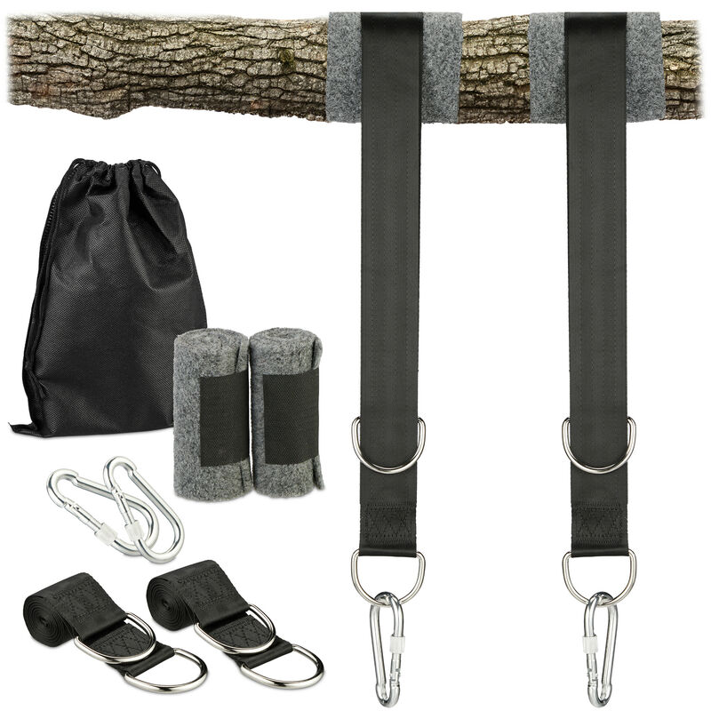 Kit fixation hamac, 2 sangles, mousquetons et tapis de protection, supporte jusqu'à 900 kg, noir/gris - Relaxdays