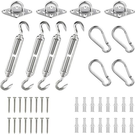 Kit Fixation Voile D'ombrage, 44 Pièces Acier Inoxydable Accessoire pour Voile D'ombrage, Kit de Montage Fixations pour Voile D'ombrage Triangulaire Carrés Rectangulaire
