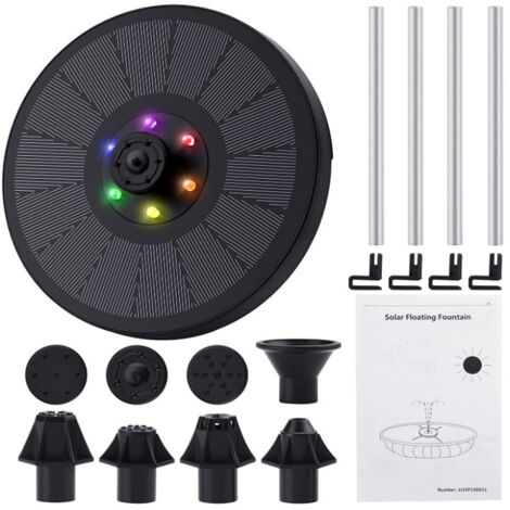 Kit Fontaine Solaire Flottante 7 Buses + Lumières LED - Pompe Solaire Économique pour Jardin, Bassin Extérieur, Bain d'oiseaux & Aquarium
